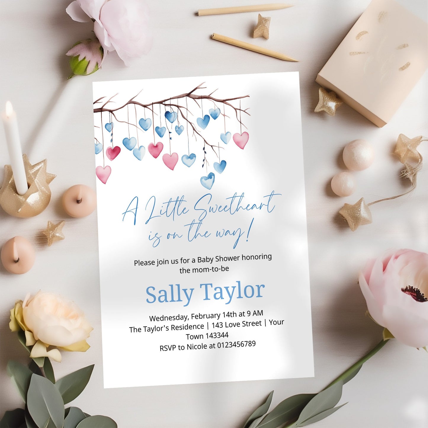Blue tree heart leaves Valentines baby shower invite, Little Sweetheart Valentines Day editable template, Instant Download, VB002