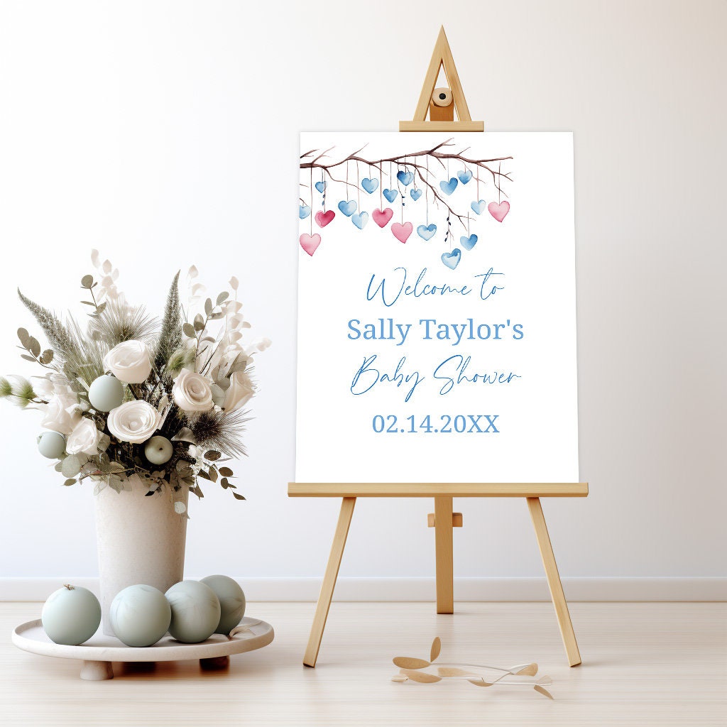 Valentines boy baby shower welcome sign, Little Sweetheart Valentines Day editable template, Blue tree heart leaves Instant Download, VB002