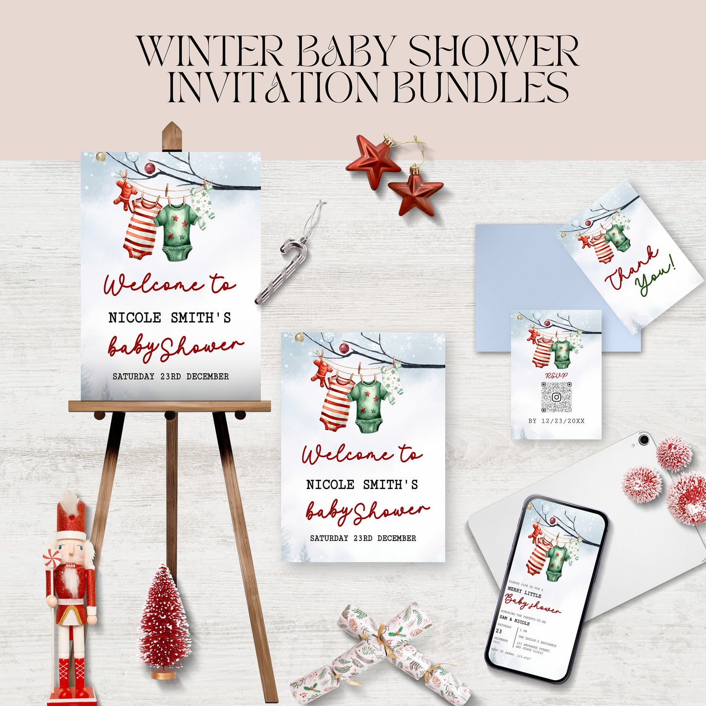 A merry little baby shower bundle customisable template, Christmas Winter baby, Santa Baby shower, Edit with TEMPLETT, winter baby, XM013