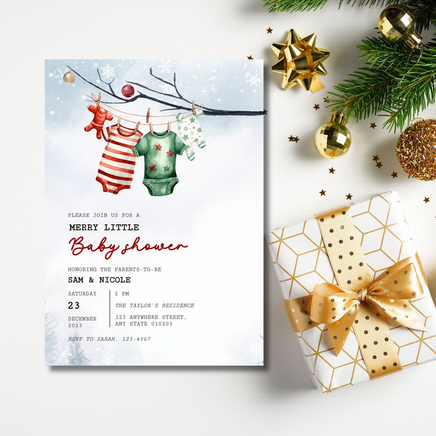 A merry little baby shower bundle customisable template, Christmas Winter baby, Santa Baby shower, Edit with TEMPLETT, winter baby, XM013