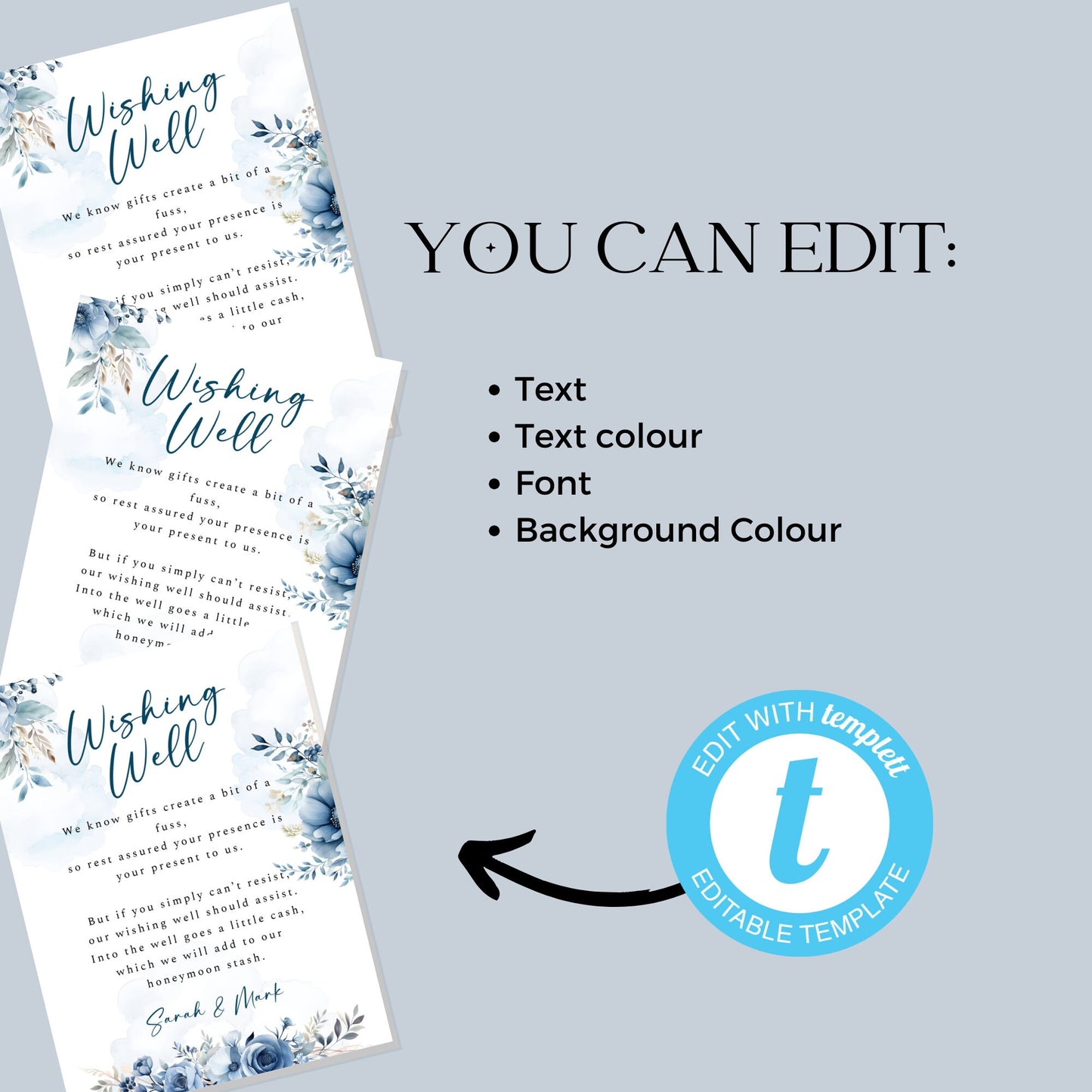 Watercolour Dusty Blue Wedding Wishing Well Card Template, 8x10 Editable Sign, Blue Floral Wedding Card, Bridal Sign, Gift Request, WM006
