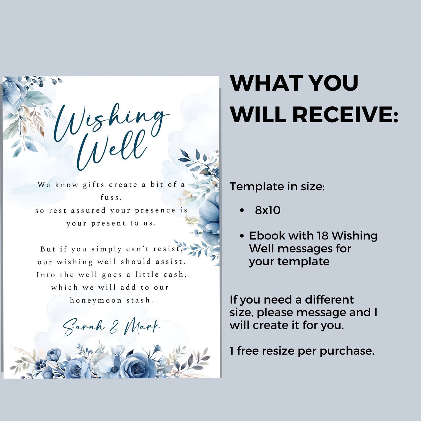 Watercolour Dusty Blue Wedding Wishing Well Card Template, 8x10 Editable Sign, Blue Floral Wedding Card, Bridal Sign, Gift Request, WM006