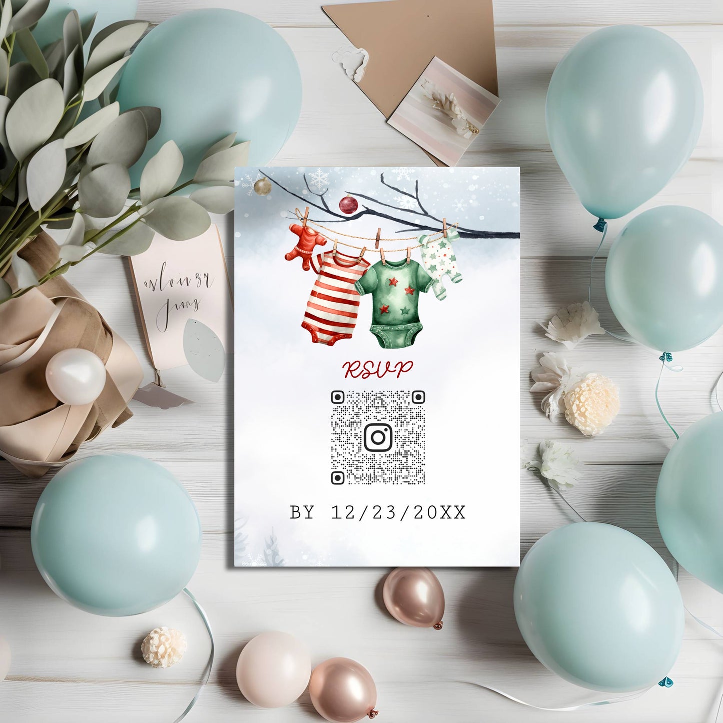 A merry little baby shower RSVP card with QR Code, Winter baby shower custom template, Santa Baby, Edit with TEMPLETT, XM013