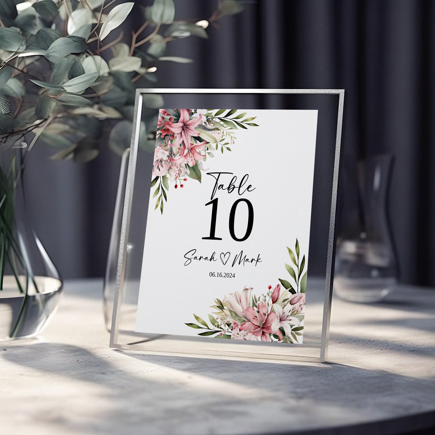 Lily Wedding Table Number Customisable Template, Pink Lily Flower PNG, Floral Watercolour Table Signs Wedding, Script Wedding Sign, WM002