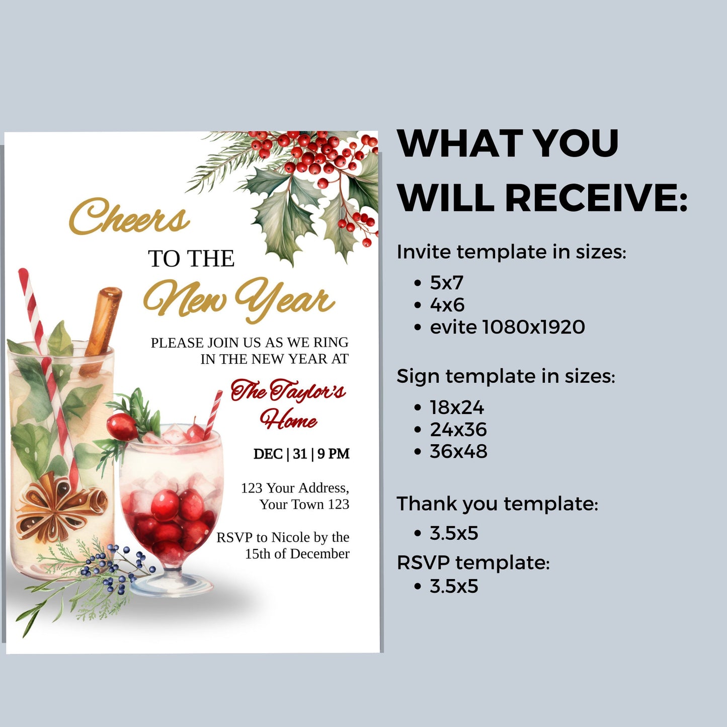 2024 New Year Cocktail Party Bundle, instant download, Holiday Party, Edit with TEMPLETT, Cheers to the New Year, adult party, Festive