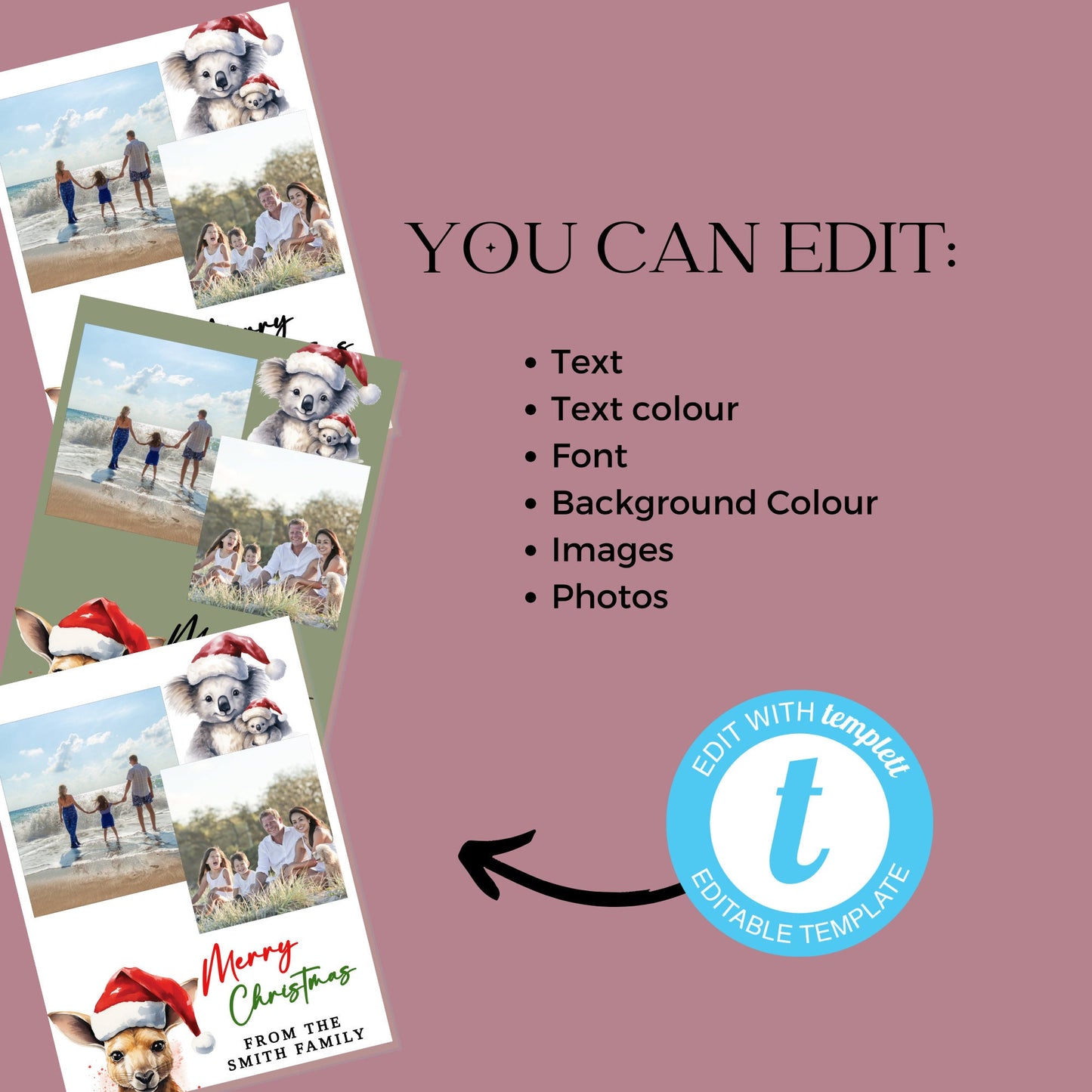 Australian animals in Santa hats photo Christmas card editable template, 5x7, Australia Christmas, Kookaburra, Kangaroo, Koala, Customisable