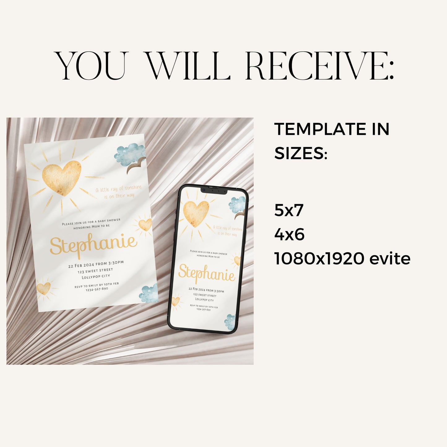 A little ray of sunshine editable baby shower invitation template, boho love heart sun party invite, customisable print, 5x7, 4x6, BS007