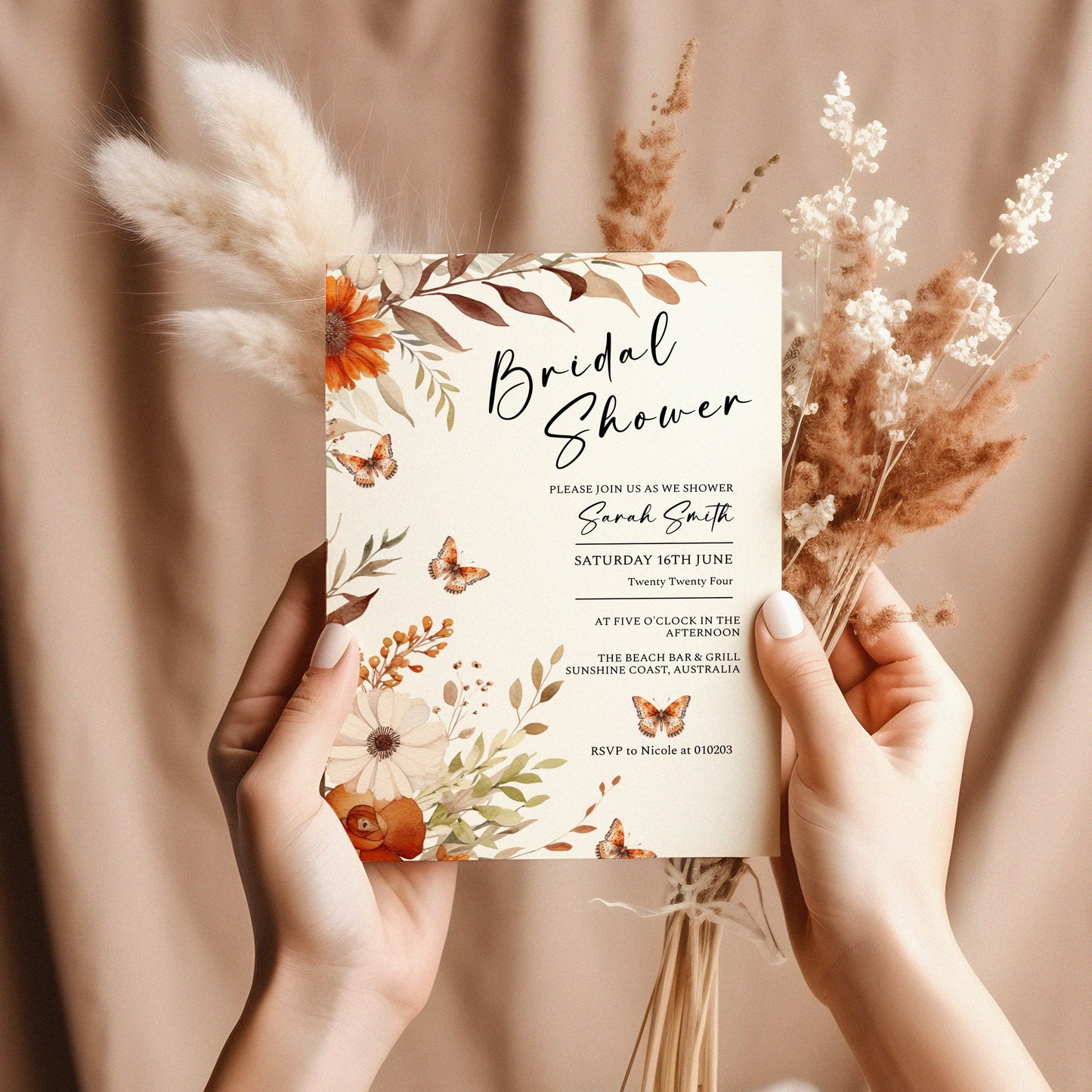Floral Bridal Shower Invitation, Terracotta Flowers Wedding Stationery, Easy to edit template, Spring bride garden party, Custom DIY, WM003