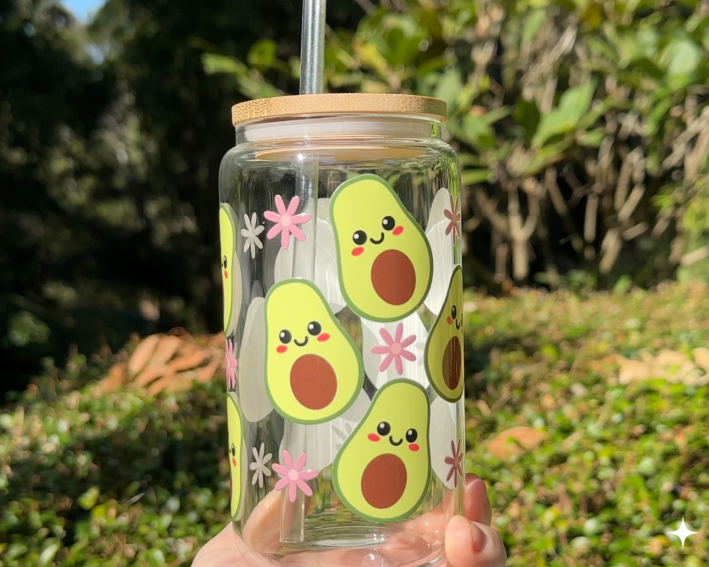 Avocado 16oz clear glass with bamboo lid and clear straw