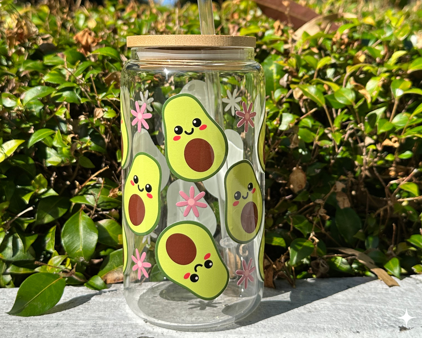 Avocado 16oz clear glass with bamboo lid and clear straw