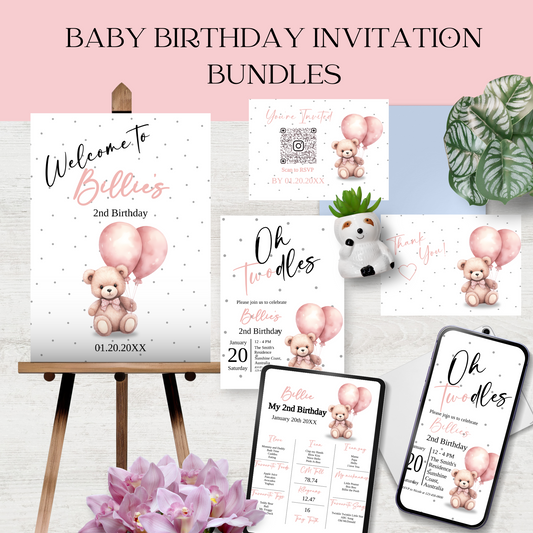 Oh Twodles second birthday Editable Invitation Bundle, watercolor teddybear, Girl 2nd birthday party invite, Pink balloon bear, 2nd Birthday, CB001