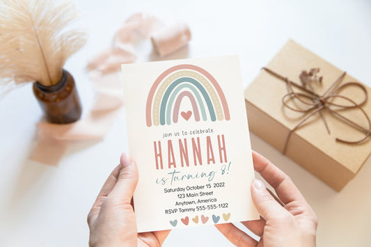 Editable ANY AGE Boho Rainbow Birthday Invitation Girl Hippie Earthy Boho Rainbow Party Invite Template Instant Download, Birthday Girl