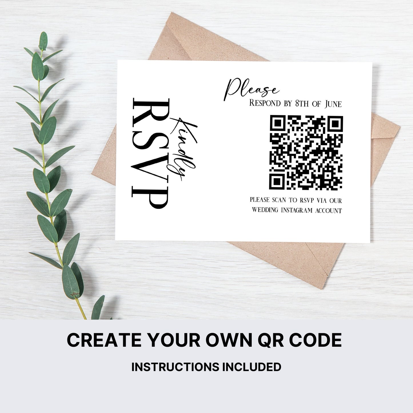 Photo invite, modern minimal wedding ceremony bundle, Stunning custom QR RSVP Code, Easy to edit template, print at home digital downloads