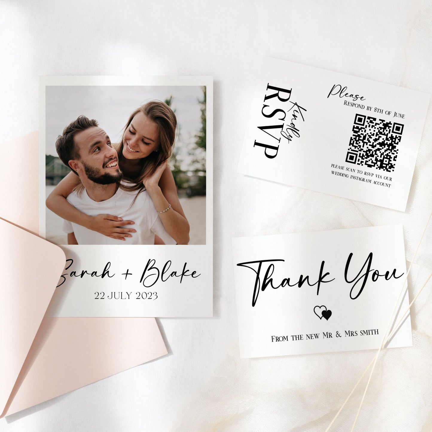 Photo invite, modern minimal wedding ceremony bundle, Stunning custom QR RSVP Code, Easy to edit template, print at home digital downloads