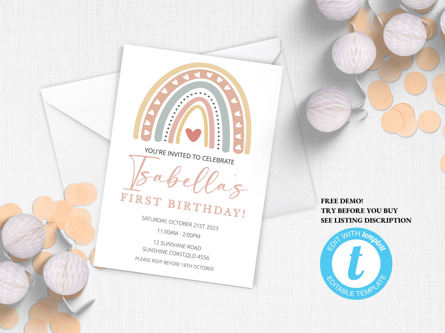 Boho rainbow 1st birthday invite instant download, Bohemian editable girl party invitation, customisable TEMPLETT