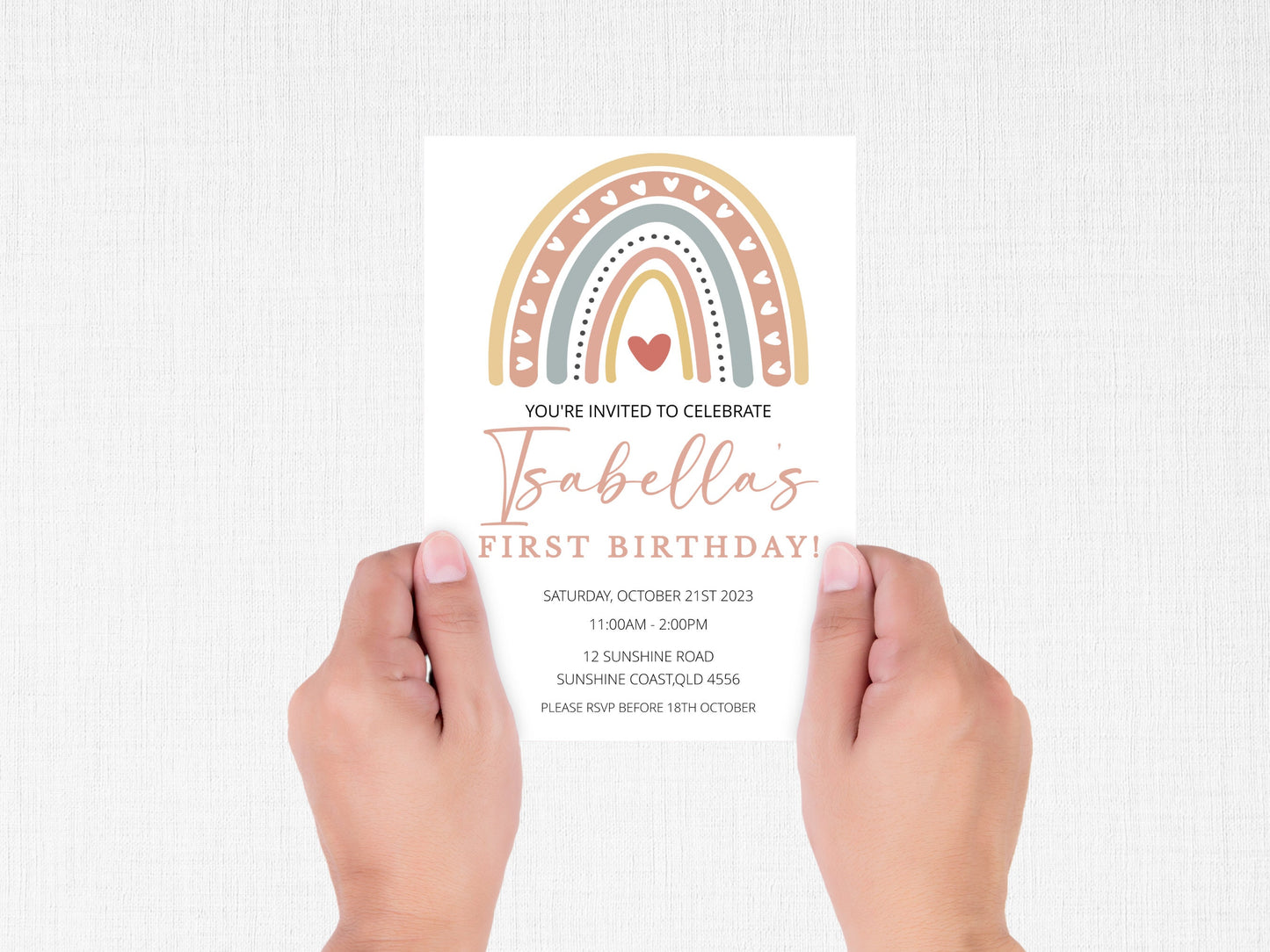 Boho rainbow 1st birthday invite instant download, Bohemian editable girl party invitation, customisable TEMPLETT