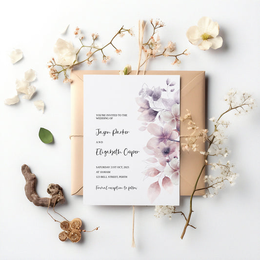 Printable wedding invitation template download, Modern wedding invite, Edit with Templett, Botanical floral instant download, Bridal, PW001