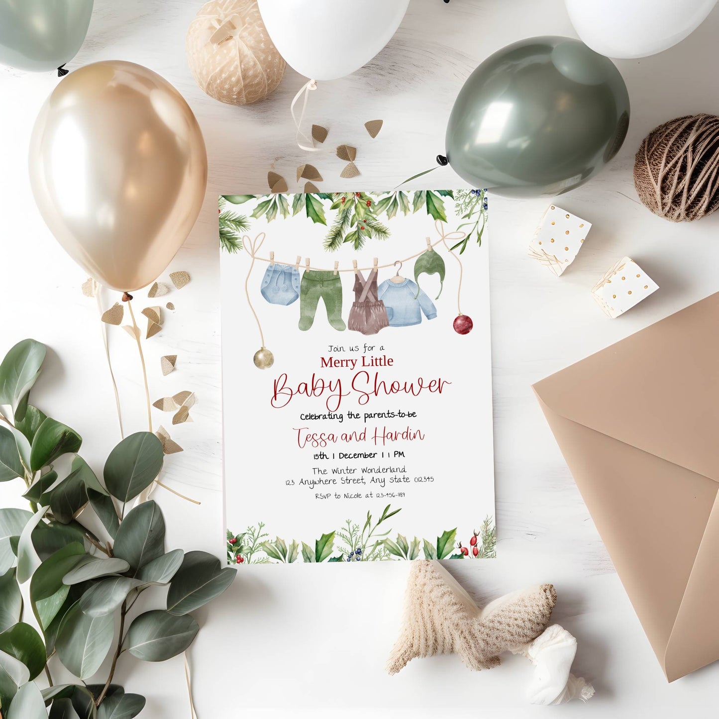 Printable holiday baby shower invitation template, Watercolour baby invite, gender neutral party, Christmas baby, Edit with TEMPLETT, XM012