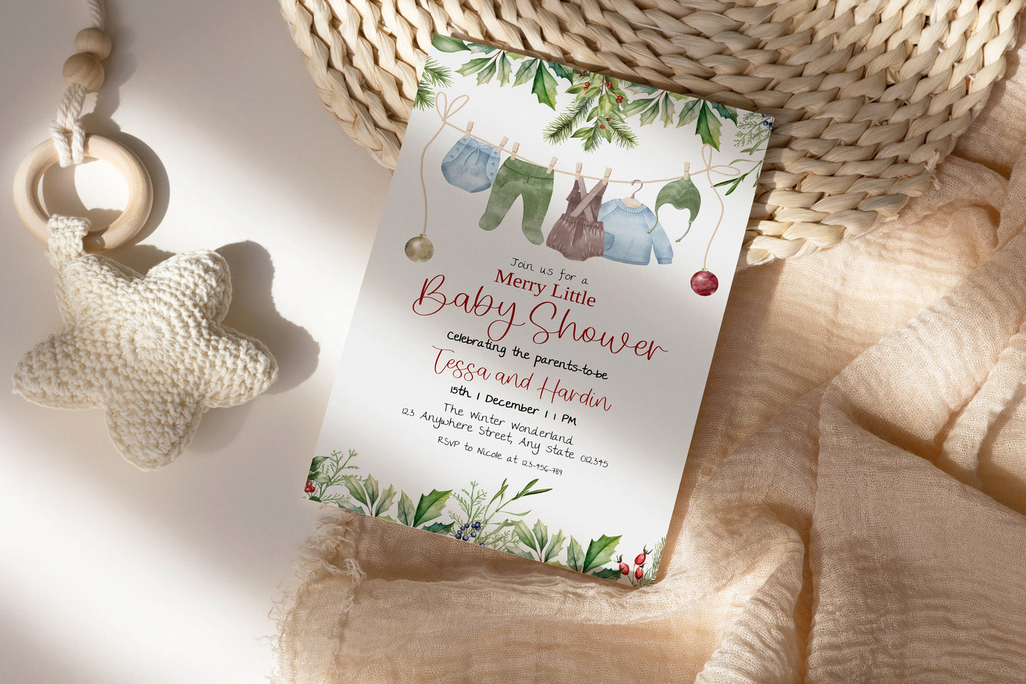 Printable holiday baby shower invitation template, Watercolour baby invite, gender neutral party, Christmas baby, Edit with TEMPLETT, XM012