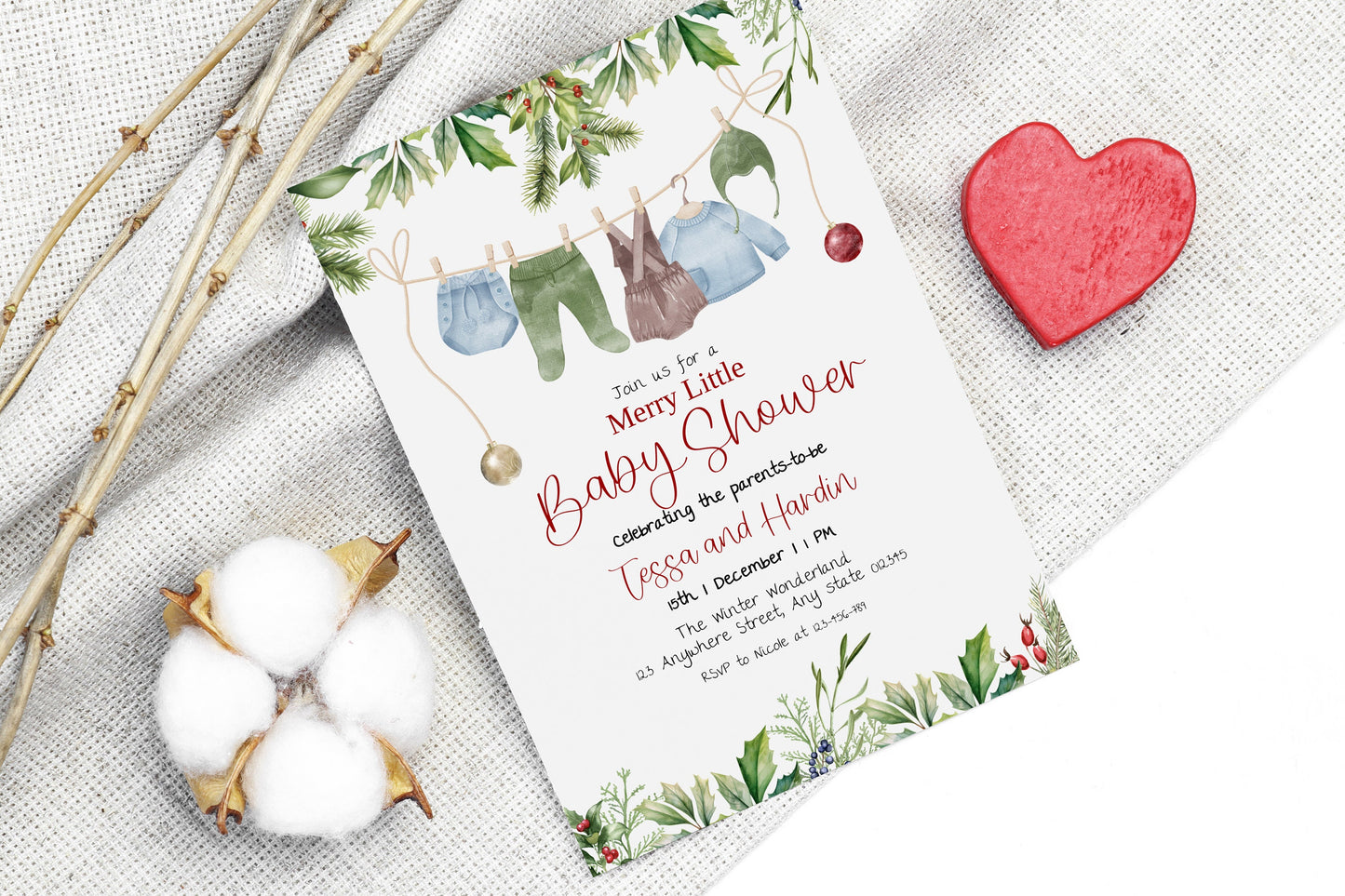 Printable holiday baby shower invitation template, Watercolour baby invite, gender neutral party, Christmas baby, Edit with TEMPLETT, XM012