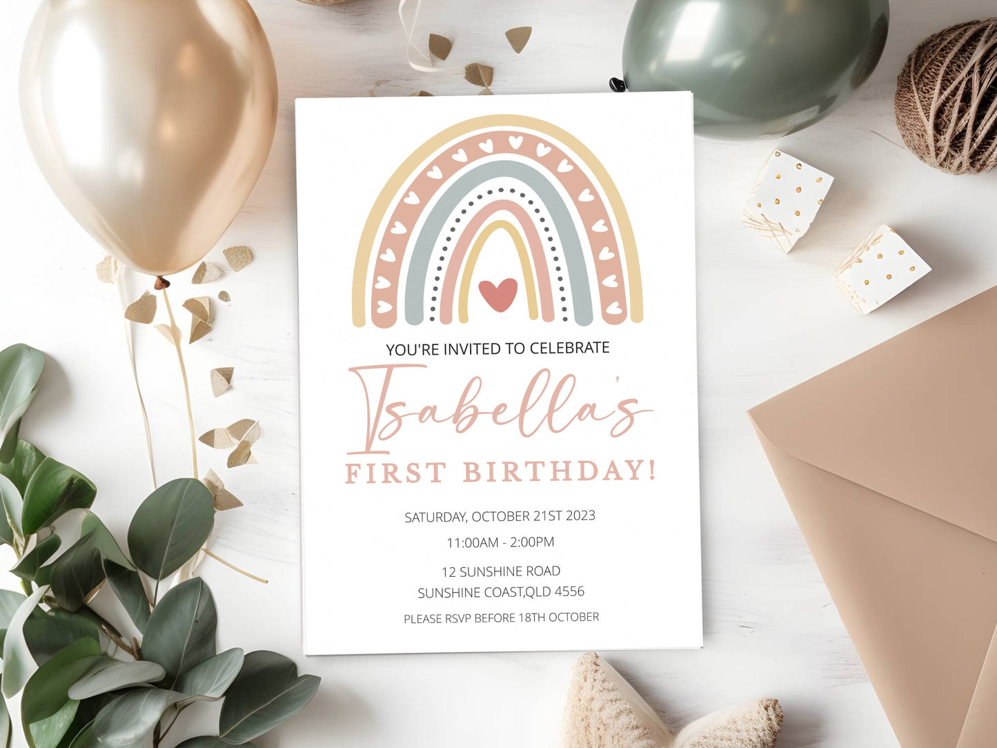 Boho rainbow 1st birthday invite instant download, Bohemian editable girl party invitation, customisable TEMPLETT