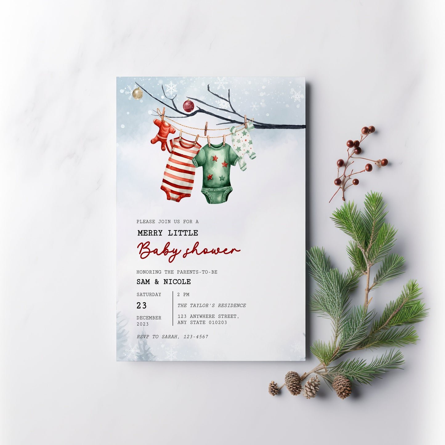 A merry little baby shower invite, Winter baby shower Christmas invitation template, Santa Baby evite, Edit with TEMPLETT, 4x6, 5x7, XM013