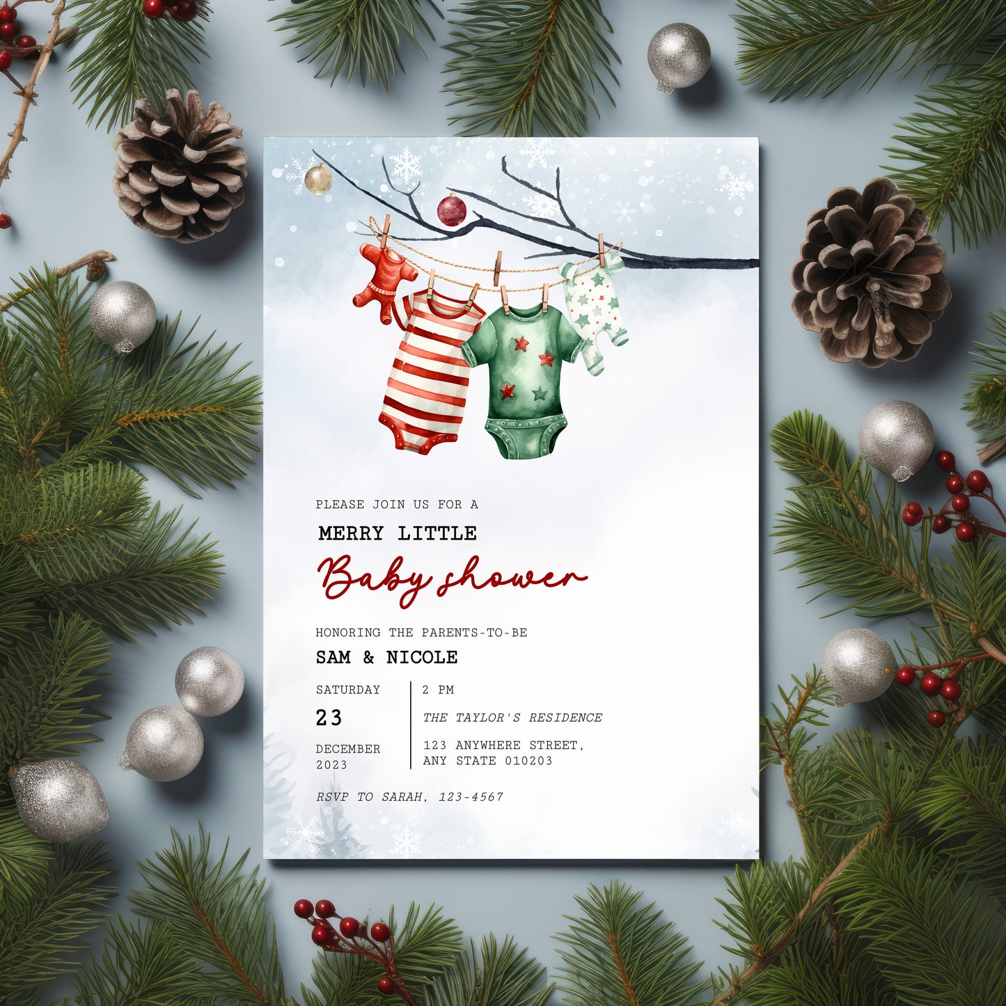 A merry little baby shower invite, Winter baby shower Christmas invitation template, Santa Baby evite, Edit with TEMPLETT, 4x6, 5x7, XM013