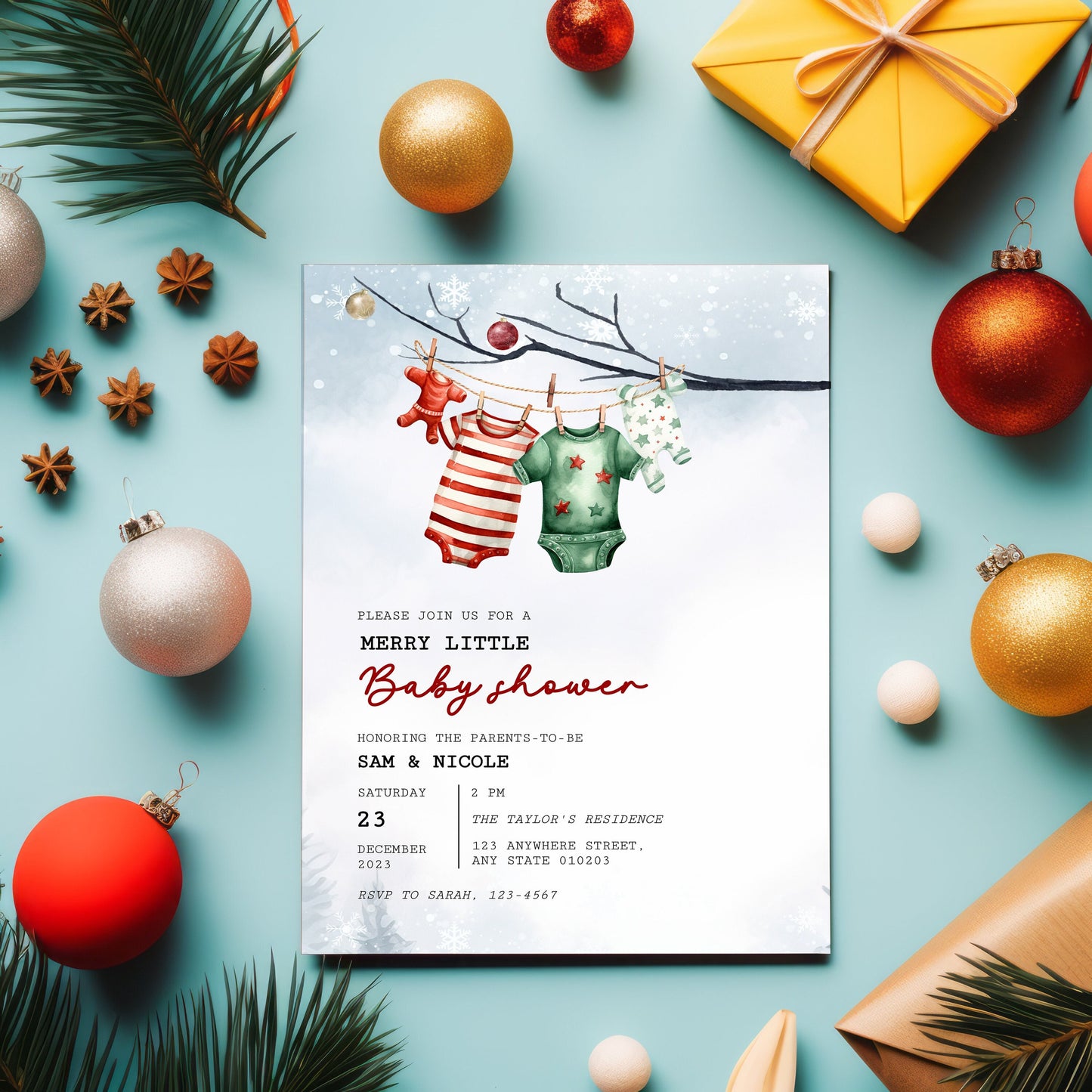 A merry little baby shower invite, Winter baby shower Christmas invitation template, Santa Baby evite, Edit with TEMPLETT, 4x6, 5x7, XM013