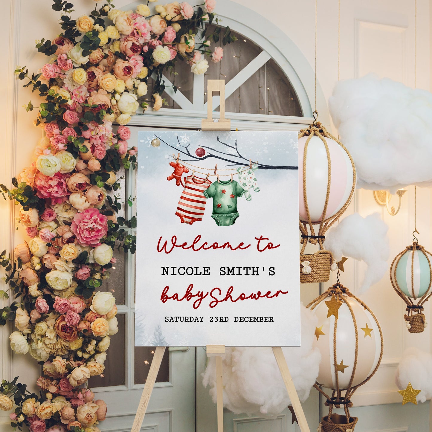 A merry little baby shower welcome sign customisable template, Christmas Winter baby, Santa Baby shower, Edit with TEMPLETT,  XM013