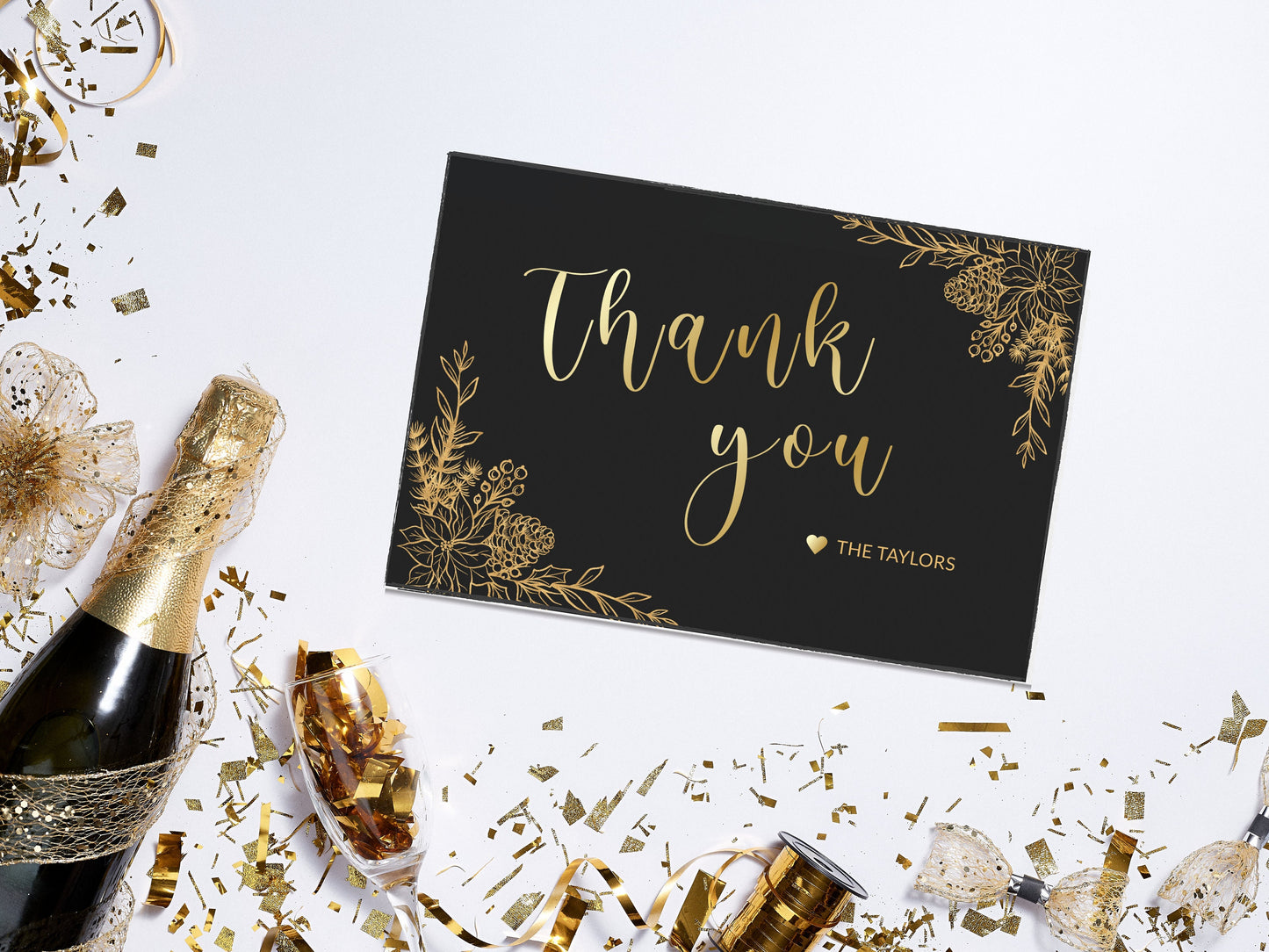 Black gold Christmas party thank you card editable template, elegant gold letter holiday party instant download, modern adult party, XM018