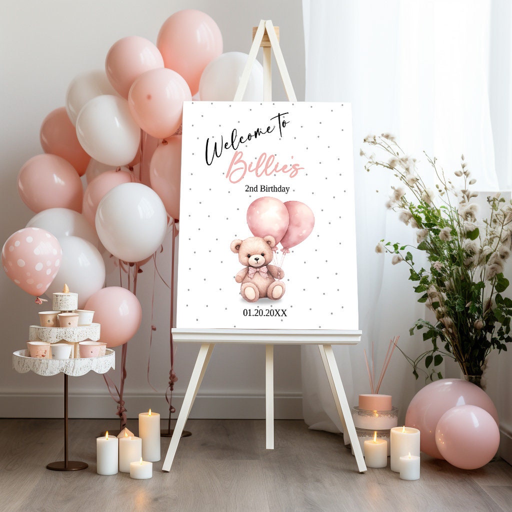 Oh Twodles second birthday Editable welcome sign, watercolor teddybear, Girl 2nd birthday party, Pink balloon bear, 2nd Birthday, CB001