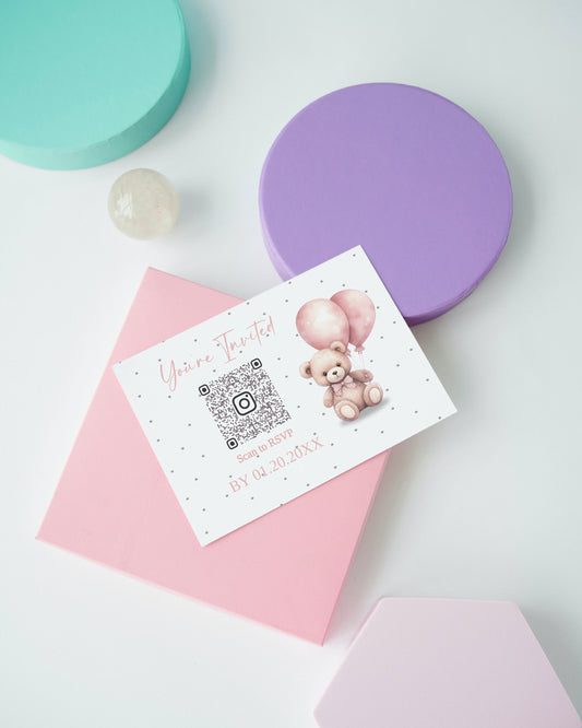 Oh Twodles second birthday Editable RSVP card with QR code, watercolor teddybear, Girl 2nd birthday party invite, Pink balloon bear, CB001