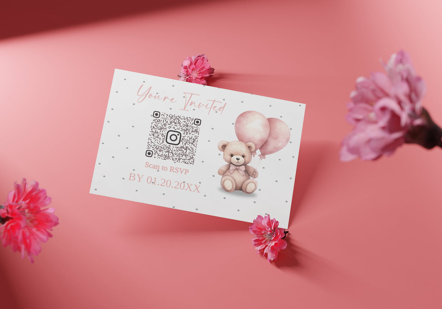 Oh Twodles second birthday Editable RSVP card with QR code, watercolor teddybear, Girl 2nd birthday party invite, Pink balloon bear, CB001