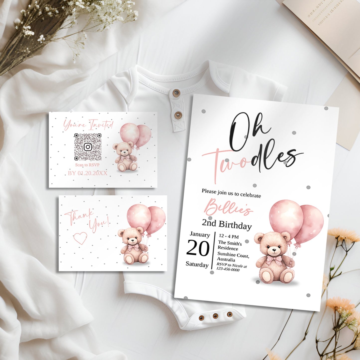 Oh Twodles second birthday Editable Invitation Bundle, watercolor teddybear, Girl 2nd birthday party invite, Pink balloon bear, 2nd Birthday, CB001