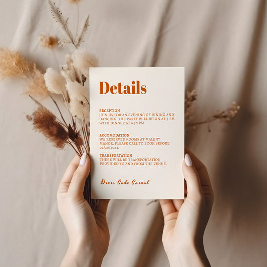 Retro Burnt Orange Wedding Details Template,Modern Minimalist Editable Invite, Bold color, Edit with TEMPLETT, 4x6, 5x7, evite BW001