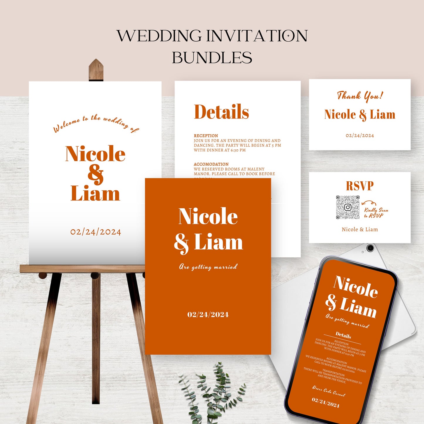 Burnt Orange Retro Wedding Template Bundle, Modern Minimalist Editable Invite, Bold color, Edit with TEMPLETT, 4x6, 5x7, Evite, sign, BW001