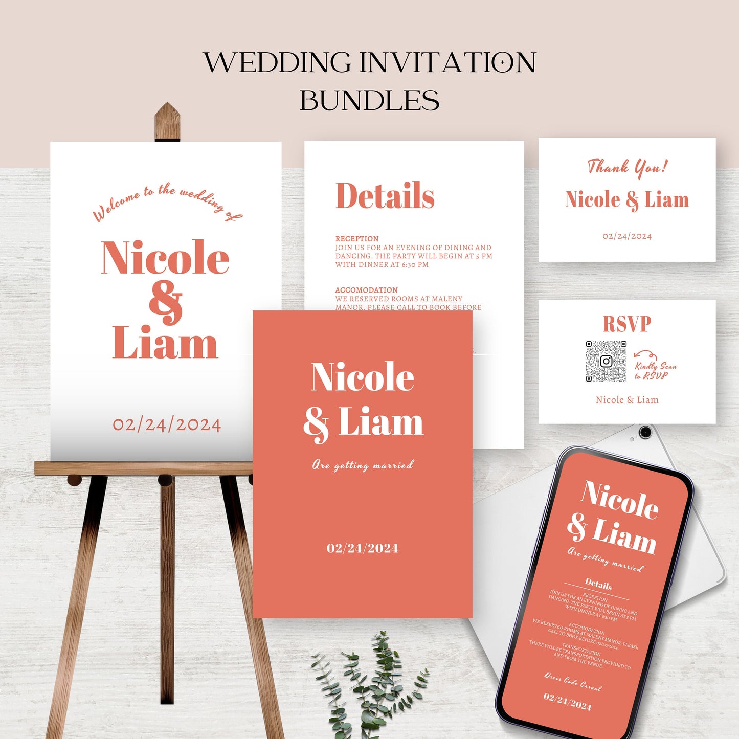 Bold Retro Wedding Template Bundle, Modern Minimalist Editable Invite, Terracotta orange, Edit with TEMPLETT, 4x6, 5x7, Evite, sign, BW002