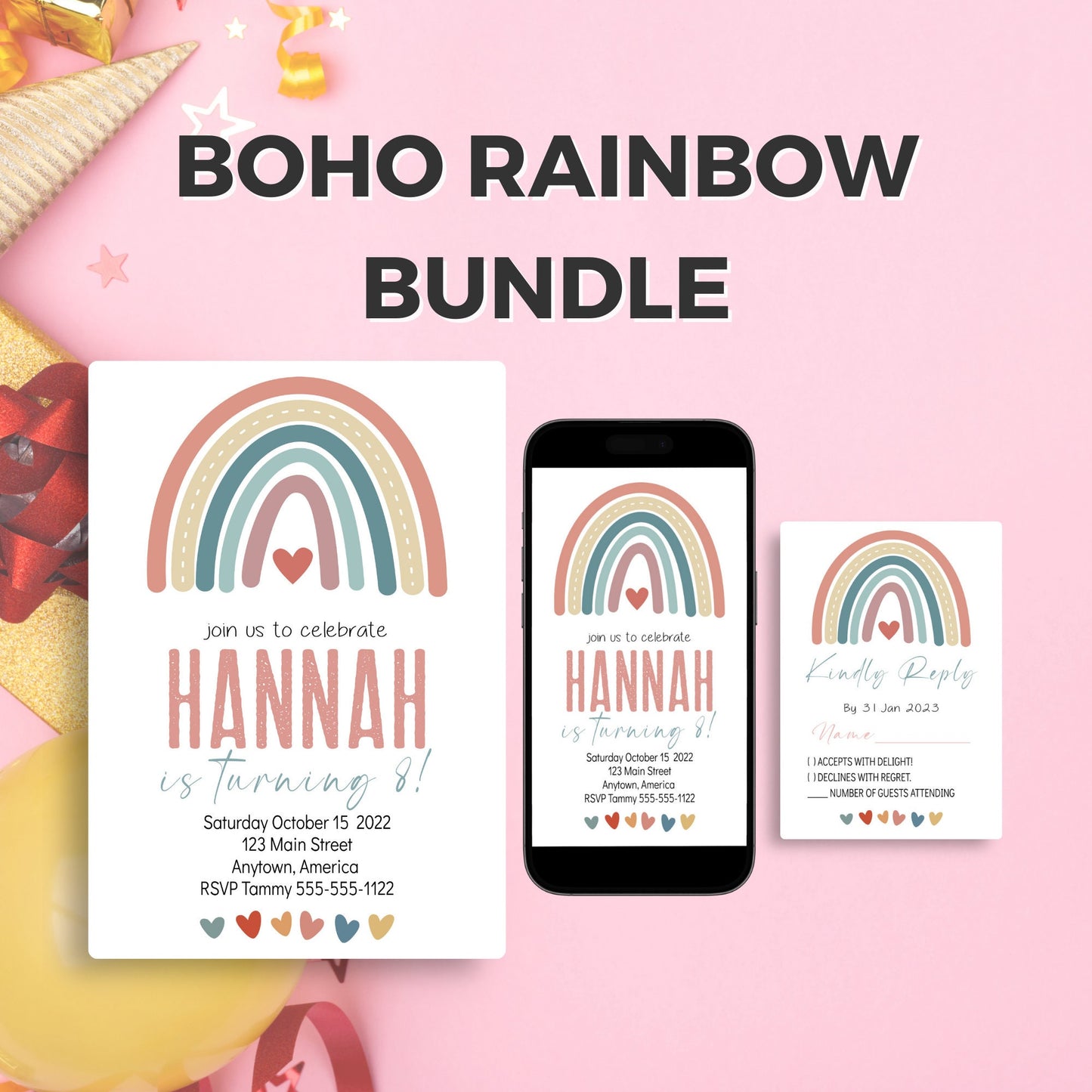 Editable ANY AGE Boho Rainbow Birthday Invitation and RSVP Card Bundle, 8th birthday, custom template, digital download, evite, 4x6, 5x7