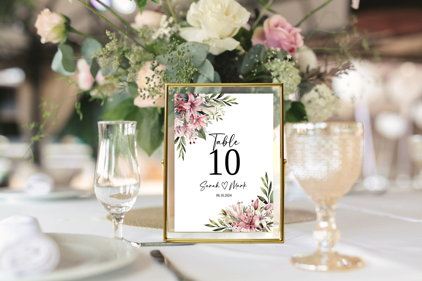 Lily Wedding Table Number Customisable Template, Pink Lily Flower PNG, Floral Watercolour Table Signs Wedding, Script Wedding Sign,  WM002