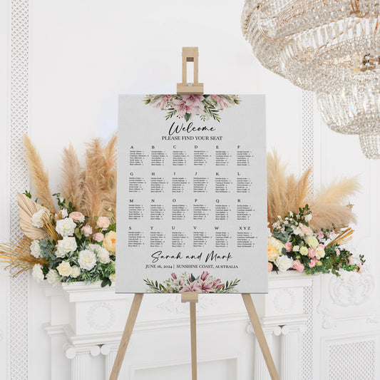 Pink Lily Wedding Seating Plan, Large Sign, Spring Wedding, Gorgeous floral wedding sign, flower clip art, foliage, outdoor nuptials WM002