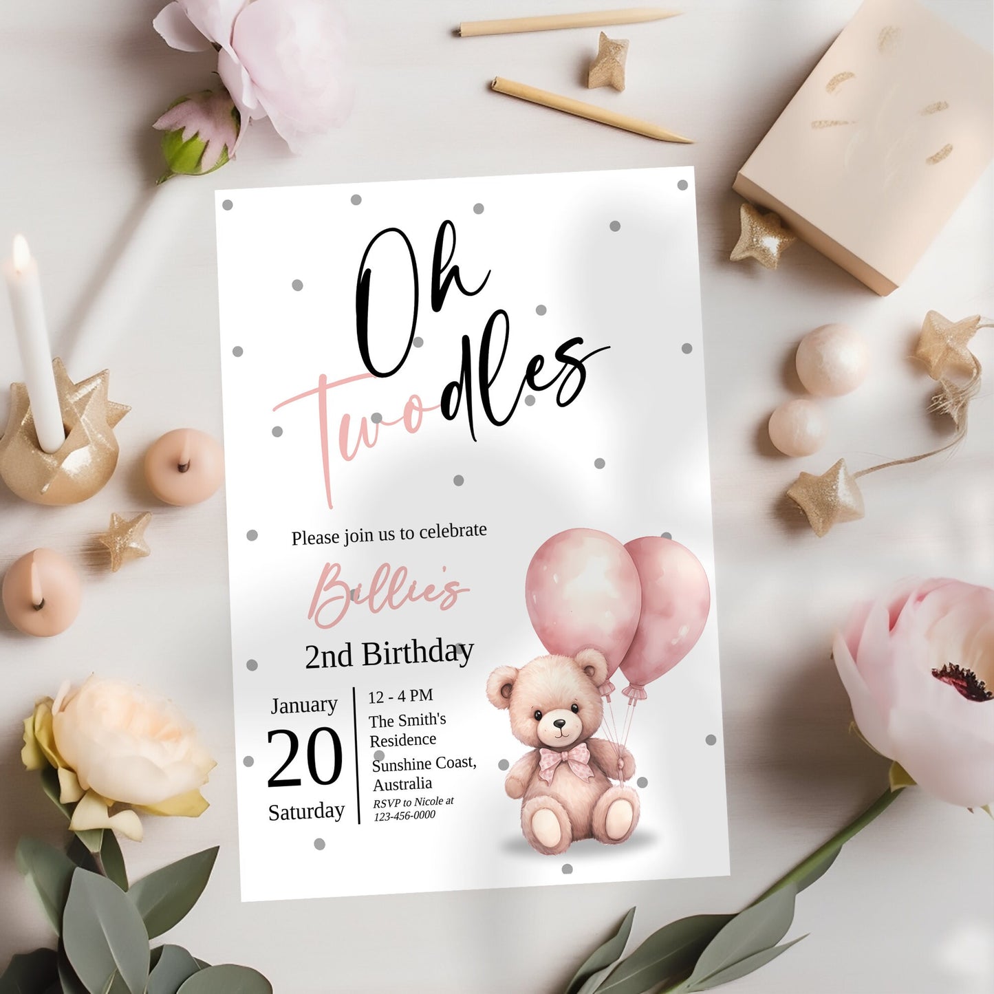 Oh Twodles second birthday Editable Invitation Bundle, watercolor teddybear, Girl 2nd birthday party invite, Pink balloon bear, 2nd Birthday, CB001