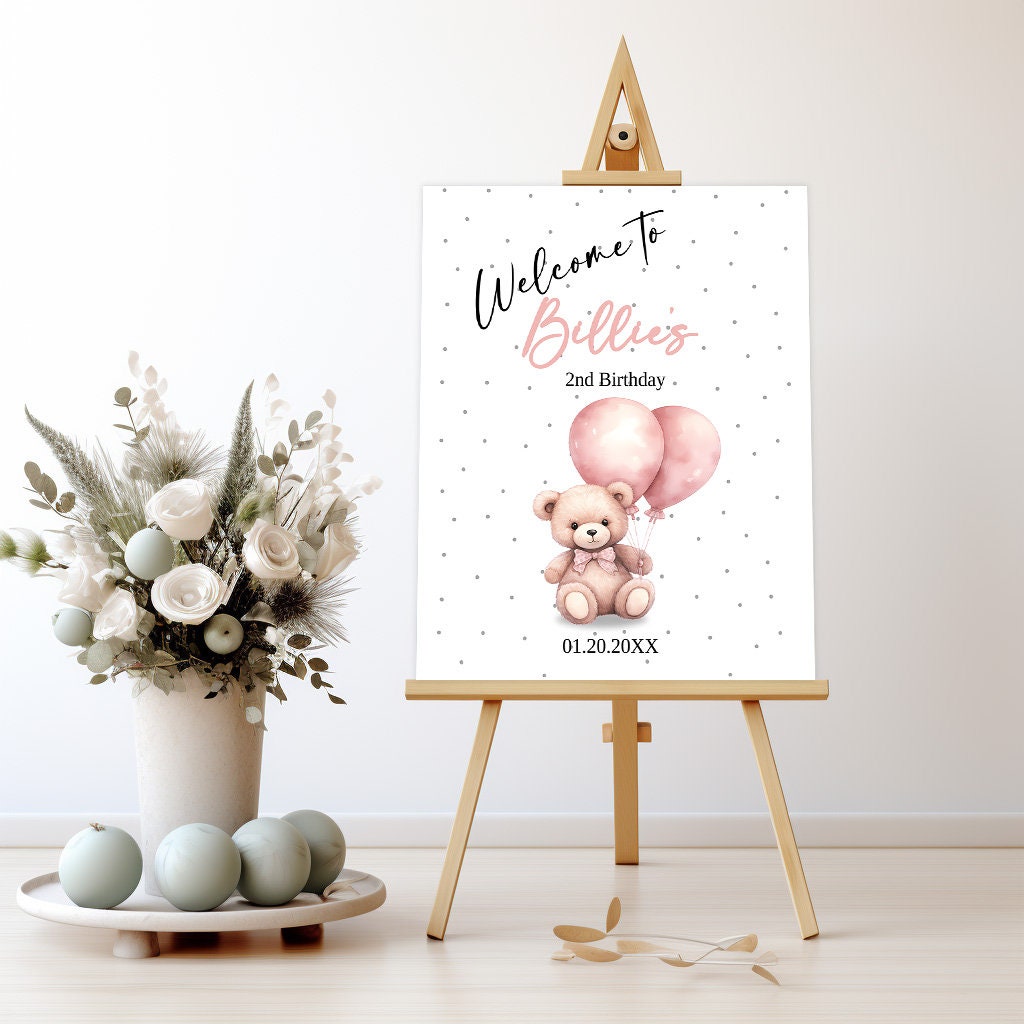 Oh Twodles second birthday Editable welcome sign, watercolor teddybear, Girl 2nd birthday party, Pink balloon bear, 2nd Birthday, CB001