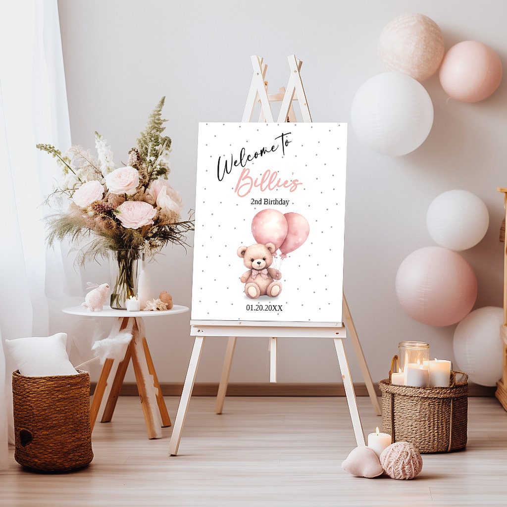 Oh Twodles second birthday Editable welcome sign, watercolor teddybear, Girl 2nd birthday party, Pink balloon bear, 2nd Birthday, CB001