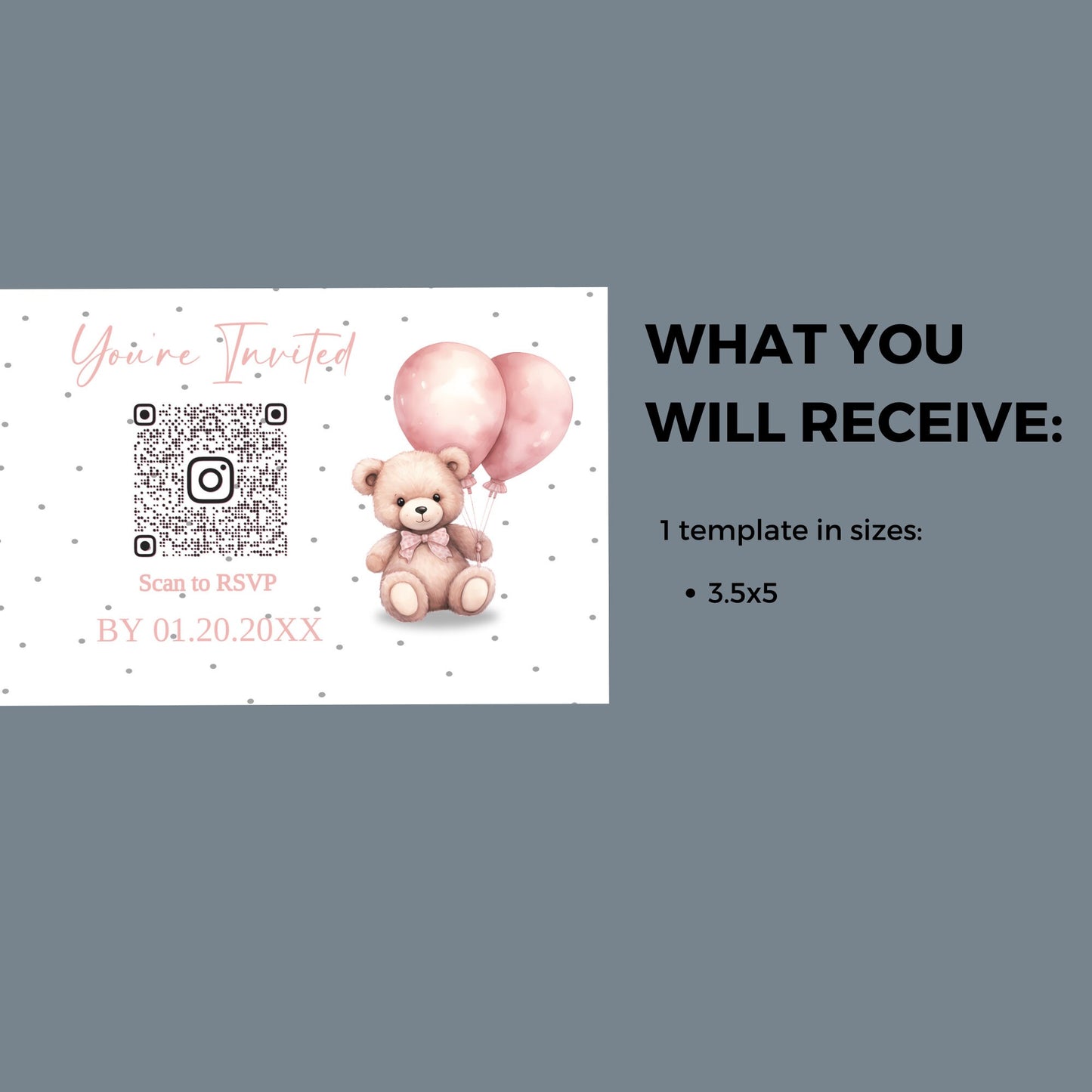 Oh Twodles second birthday Editable RSVP card with QR code, watercolor teddybear, Girl 2nd birthday party invite, Pink balloon bear, CB001