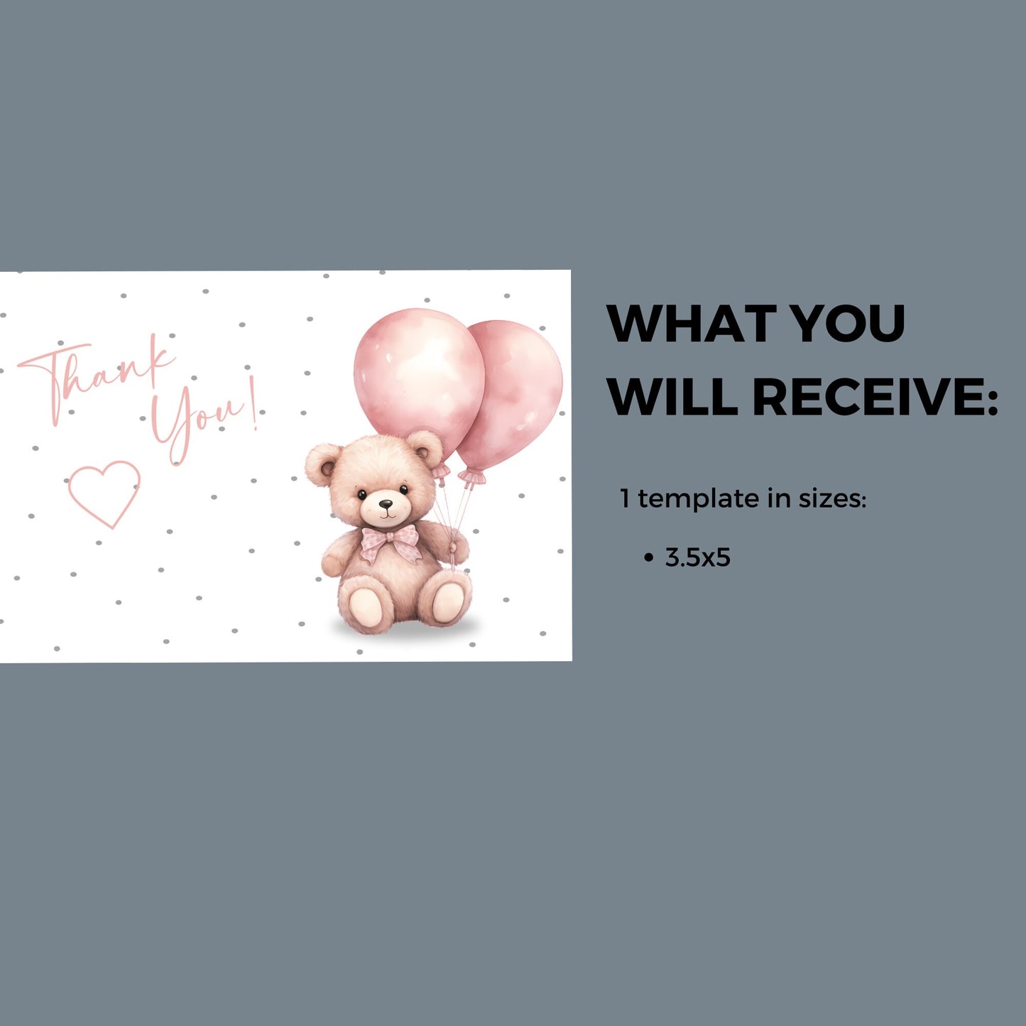 Oh Twodles second birthday Editable Thank you card, watercolor teddybear, Girl 2nd birthday party invite, Pink balloon bear, CB001