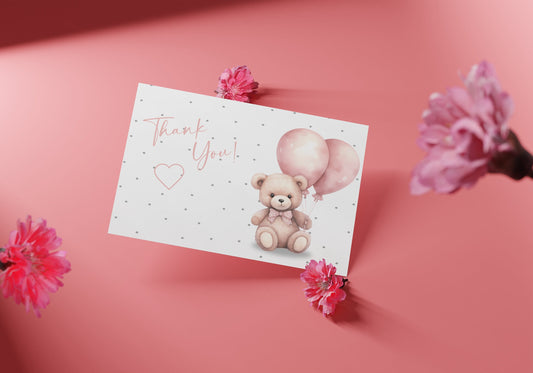 Oh Twodles second birthday Editable Thank you card, watercolor teddybear, Girl 2nd birthday party invite, Pink balloon bear, CB001