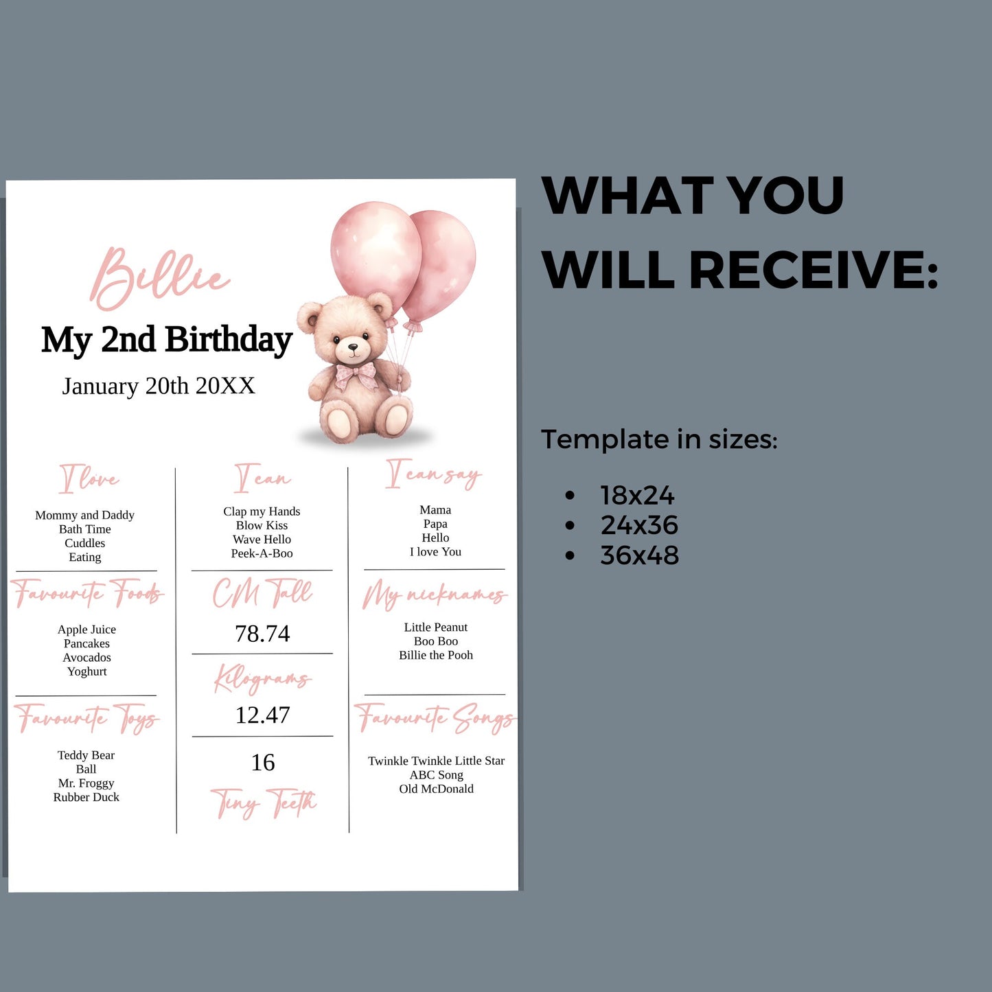 Editable Milestone Poster, Girls second birthday Teddy Bear Milestone, 2nd Birthday editable milestone template, watercolor pink bear, CB001