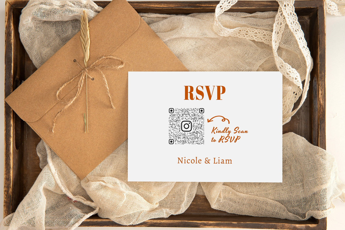 Retro Burnt Orange Wedding RSVP card with QR Code Template ,Modern Minimalist Editable, Bold color, Edit with TEMPLETT, fall wedding, BW001