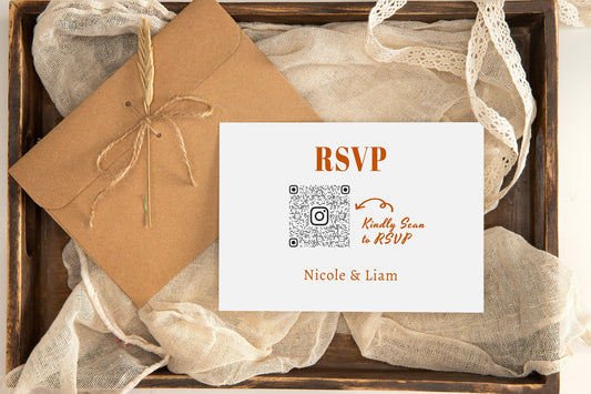 Retro Burnt Orange Wedding RSVP card with QR Code Template ,Modern Minimalist Editable, Bold color, Edit with TEMPLETT, fall wedding, BW001