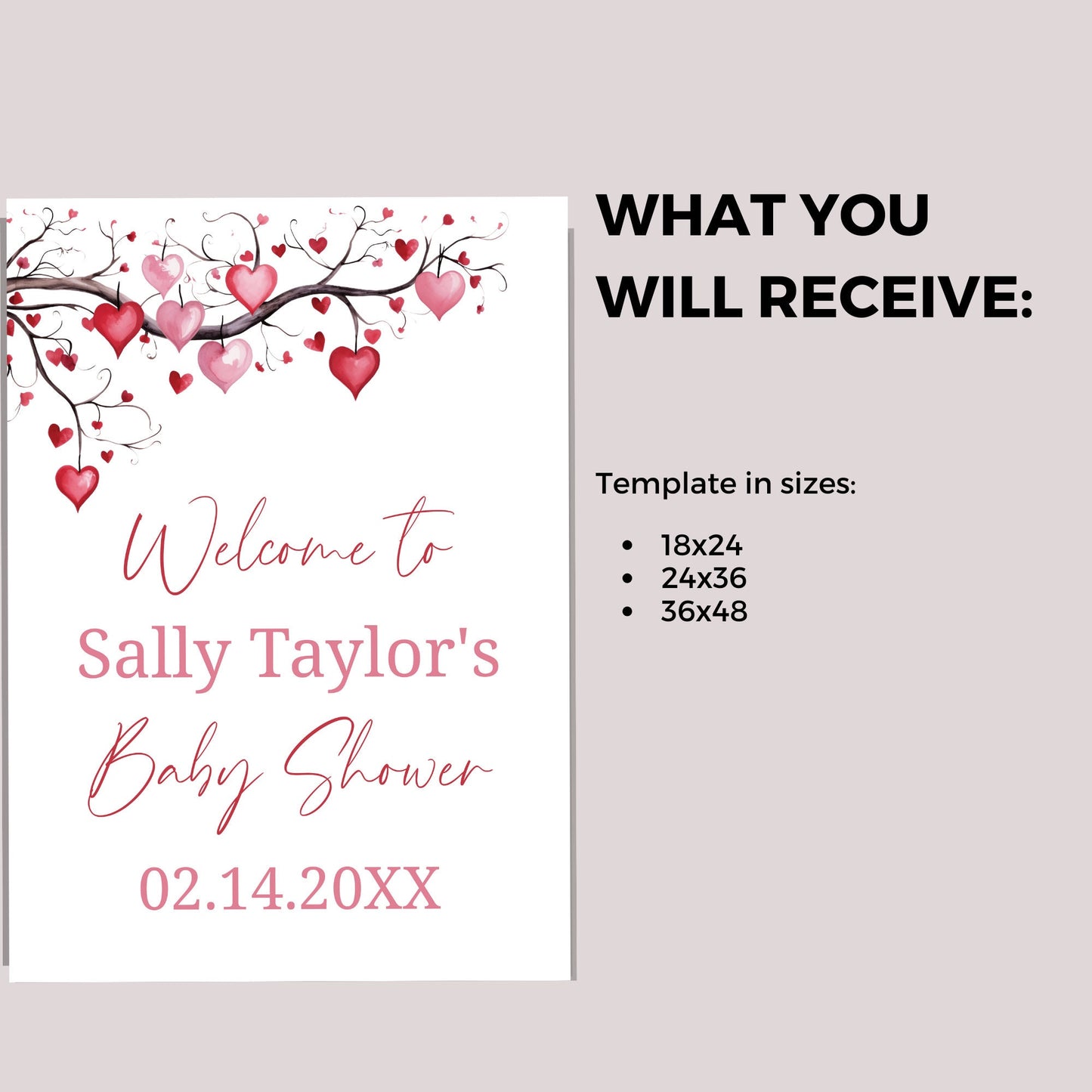 Valentines baby shower welcome sign, Little Sweetheart Valentines Day editable template, Pink tree heart leaves Instant Download,  VB001